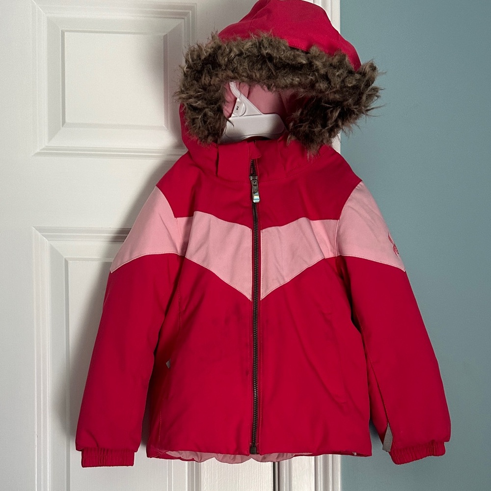 Spyder Girls' Red and Light Pink Hooded Puffer Jacket with Faux-Fur Trim